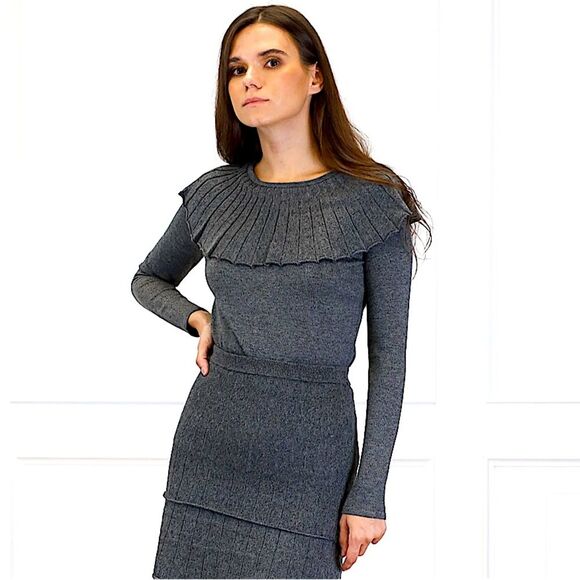 NEW Udel New York Charcoal Grey Knit Pleated Collar Long Sleeve Top Size Large - Picture 2 of 9